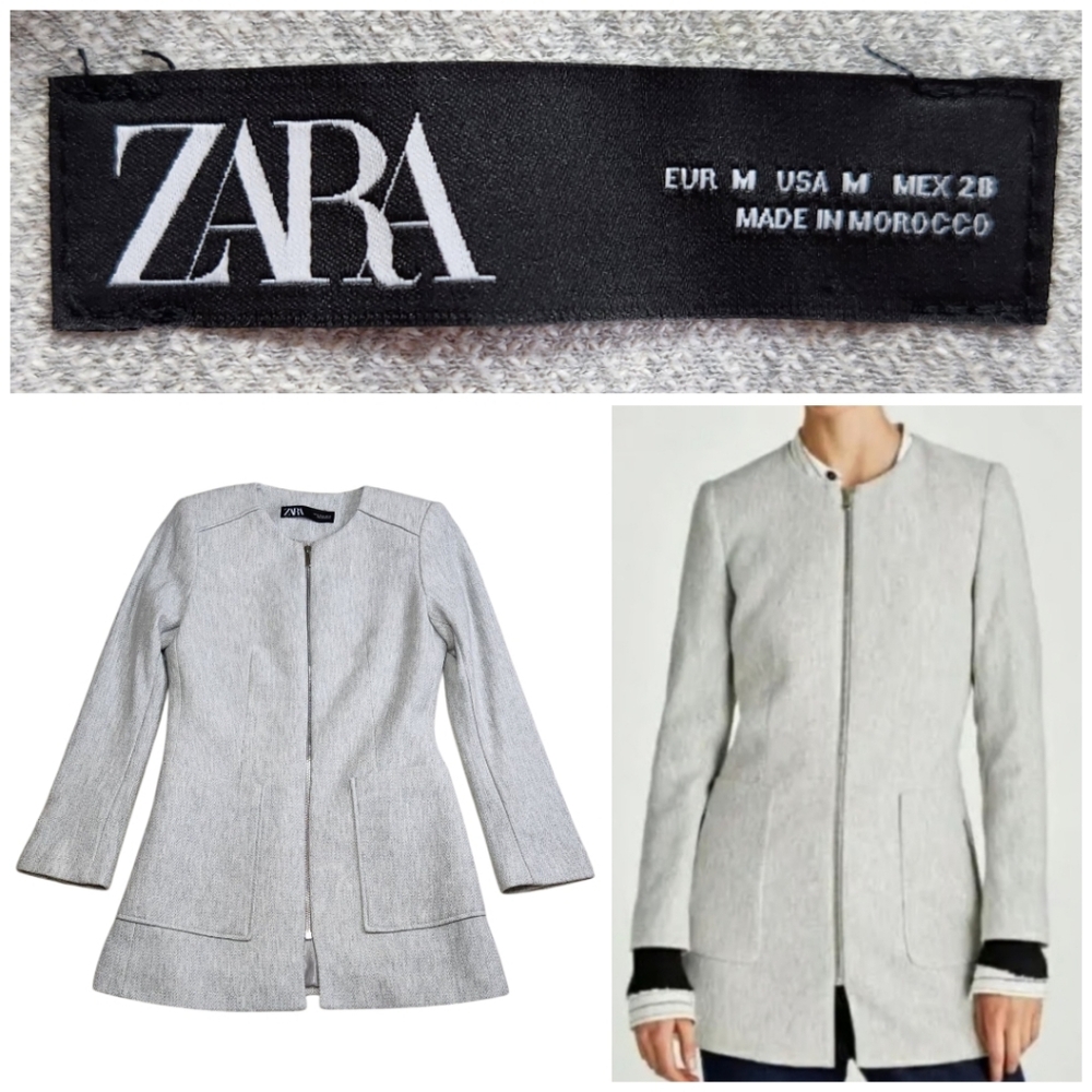 Zara Women's Career Gray Zip-Up 100% Acetate Long Blazer Jacket Sz Medium Office
